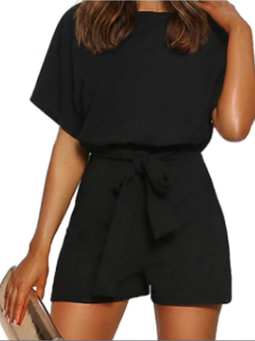 Super cute Amazon Black Short-Sleeve Belted Romper with pretty boat neck!